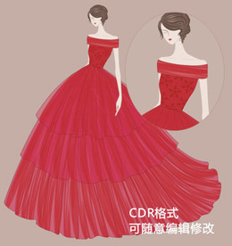 一字肩领礼服篷篷裙子CD矢量图