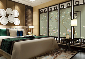 中式床头墙纸样机图