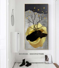 新中式金色发财树抽象玄关装饰画