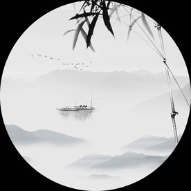 高清圆形玄关山水画装饰画