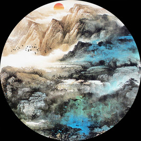 圆形蓝色山水画装饰画