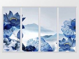 新中式蓝色远山睡莲移门