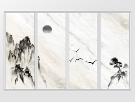 新中式水墨远山飞鸟朝阳移门