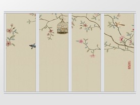 新中式淡雅写意花枝鸟笼飞鸟移门