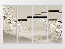 新中式手绘远山古建桃花移门