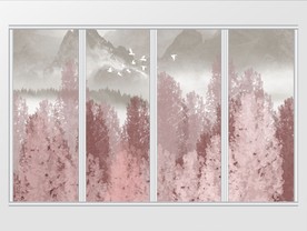 新中式唯美粉色树林山水移门