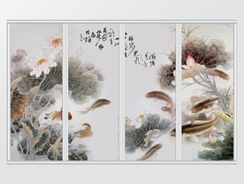 中式荷花游鱼移门