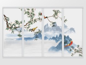 中式水墨水彩山峰花鸟移门