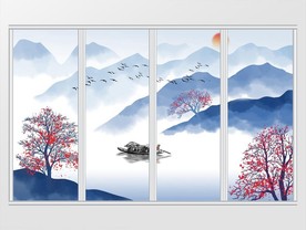 新中式蓝色水墨山水移门