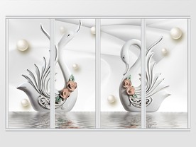 3d立体银色典雅白瓷天鹅珍移门