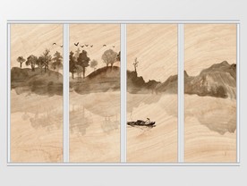 新中式水墨诗意远山小船倒影移门