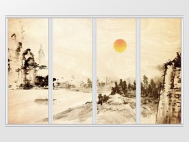 新中式水墨远山小舟落日倒影移门