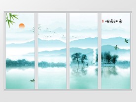 中式山水水墨风烟雨江南移门