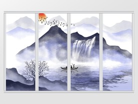 中式写意禅意水墨山水移门