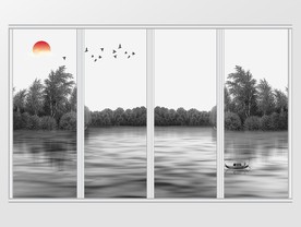 新中式飞鸟山水水墨移门