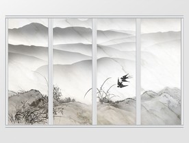 新中式水墨小鸟戏草移门