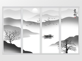 新中式意境水墨山水背景移门