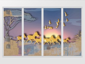 抽象风景大树意境飞鸟群马金移门