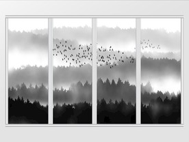 北欧手绘水墨森林飞鸟风景移门