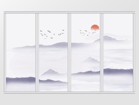 新中式简约大气禅意山水日出移门