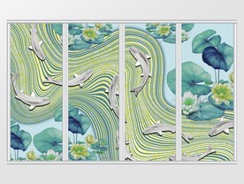 新中式荷花九鱼图抽象线条移门