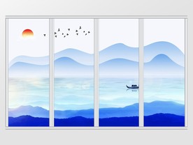 新中式蓝色山水意境移门