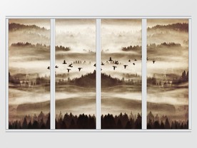 新中式水墨浓雾山林飞鸟移门