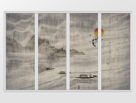 新中式水墨小舟飞鹤移门