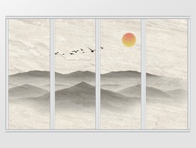 新中式水墨高清远山飞鸟移门