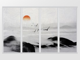新中式水墨写意山峰之巅夕阳移门