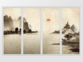 新中式水墨写意夕阳山水湖面移门