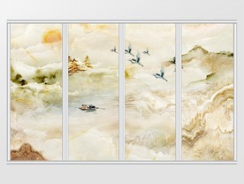 彩色写意山水飞鸟移门