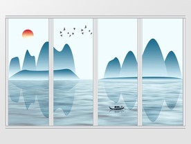 新中式蓝色山水飞鸟意境移门