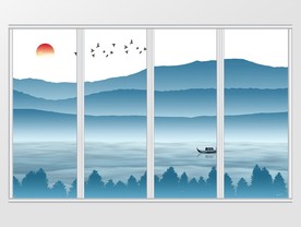 新中式蓝色山水飞鸟意境移门