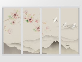 新中式手绘桃花飞鹤写意移门