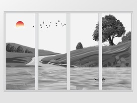 新中式水墨飞鸟山水风景移门