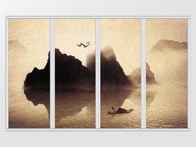 新中式水墨诗意山水飞鸟小舟移门