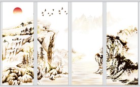 新中式金箔山水飞鸟移门
