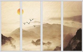 新中式诗意水墨高山群鸟远景移门