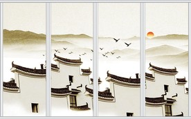 诗意水墨徽派屋群飞鸟初阳移门