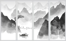 中式手绘抽象水墨山水移门