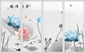 新中式立体彩色荷花水墨荷叶移门