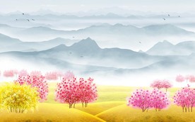 创意新中式山水彩色森林手绘玄关