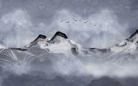 新中式抽象线条水墨山水背景壁画