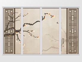 新中式玉兰手绘工笔花鸟移门