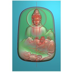 山水半身观音玉雕挂件精雕图浮雕
