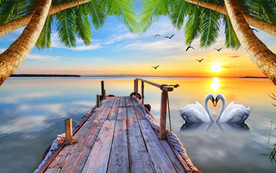 清新大海木桥天鹅电视背景墙