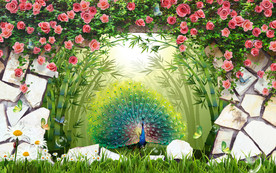 石墙花藤孔雀开屏画中画3D电视