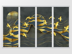 新中式抽象线条仙鹤金色移门