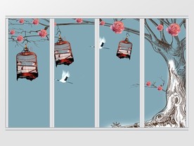 中式写意大树仙鹤移门